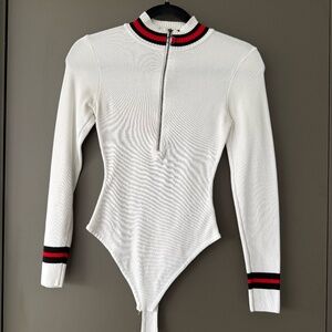 White Half-Zip Athletic Bodysuit | Collared Long Sleeve Sportswear Top Size S